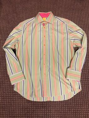 Robert Graham Light Green Shirt with Orange and Navy Stripes